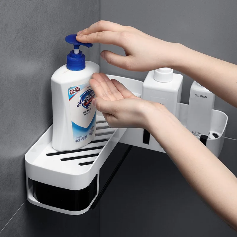 Bathroom No Drilling Plastic Wall Hanging Storage Shelf With 4 Hooks Shower Corner Shelf