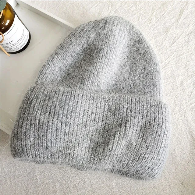 Cold Weather Women Girls Rabbit Fur Angora Wool Blend Hair Knit Cuff Beanie