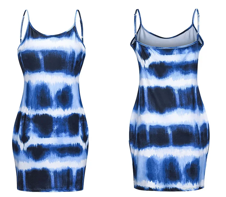 Spot Summer Plus Size Women Clothing Ladies Evening Club Party Slim Midi Dress Tie-Dye Round Neck Suspender Casual Dresses