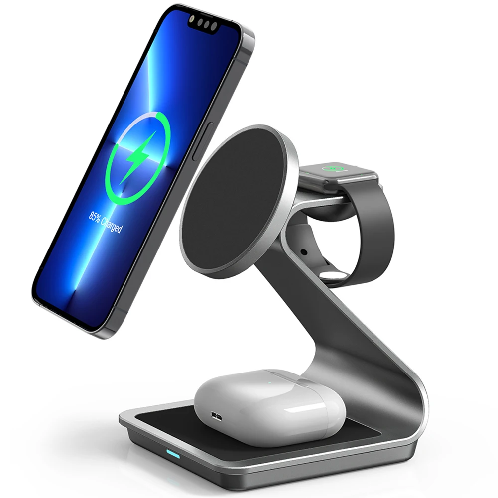 Металлическое Беспроводное зарядное устройство Qi для iPhone 14/12/13 Pro Max/Apple Watch/AirPods 30 Вт магнитное 3
