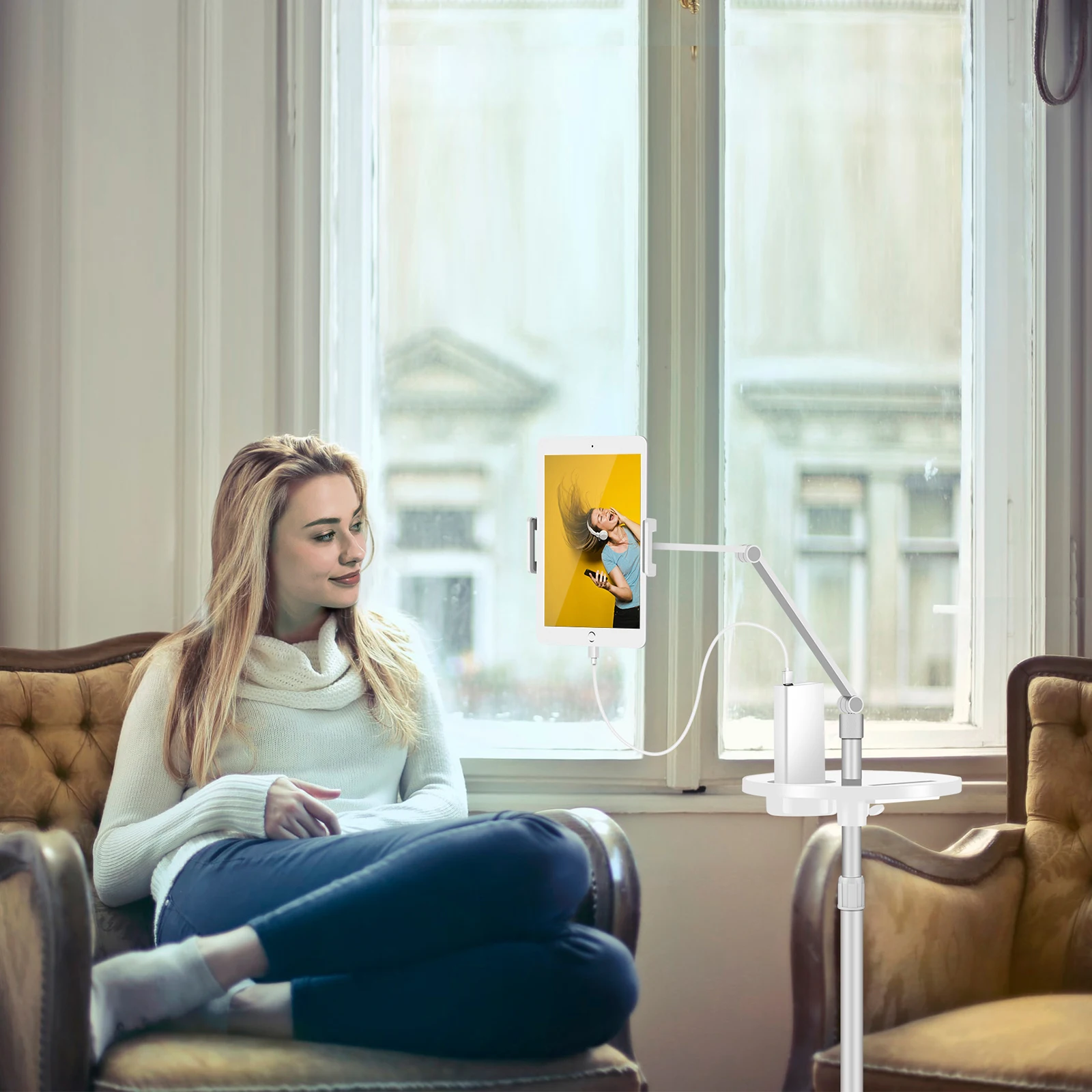 360 Degree Swing Adjustable Height Universal Flexible Foldable Long Arms Tablet Floor Stand for Standing Sitting Lying Down Use