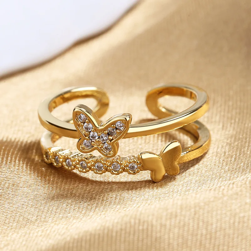 Fashion Double Layer Gold Plated Copper Crystal Butterfly Open Finger Smart Ring for Women Wholesale