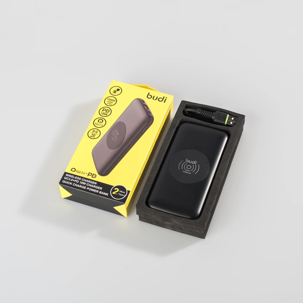 budi factory portable slim usb-c PD18w  QC3.0 18w fast charger 10W Qi wireless charging power bank 10000mAh