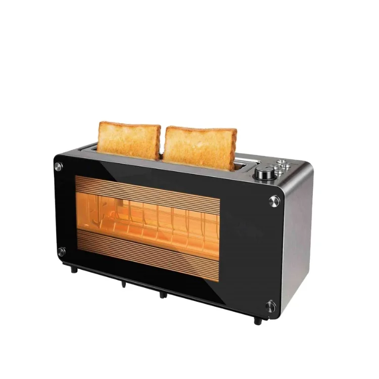 2 Slice Long Slot Automatic Lifting Rigid Toaster with Glass Viewing Window   for Home Use