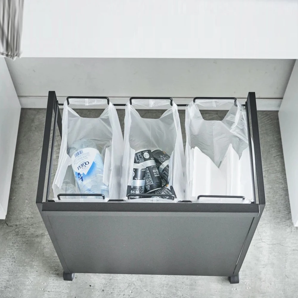 Japanese style minimalist 3 grid classification garbage bin with pulley garbage rack movable kitchen garbage bag storage rack