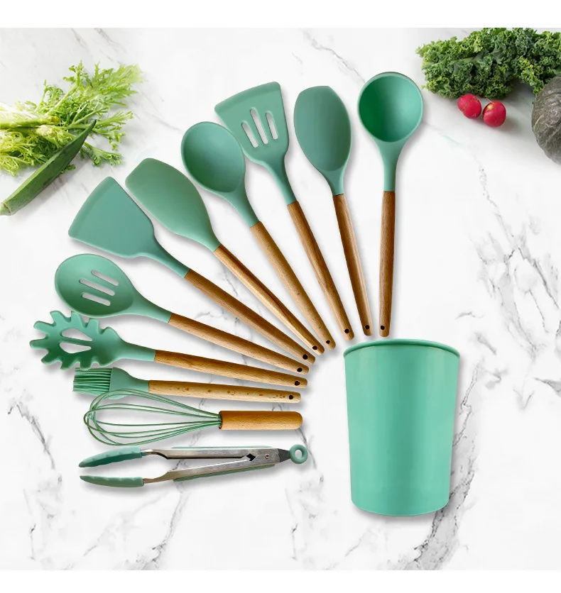 Suppliers Customized Organizer 11 Pieces Cooking Spatula rubber Wooden Handle Silicone Kitchen Utensils Accessories