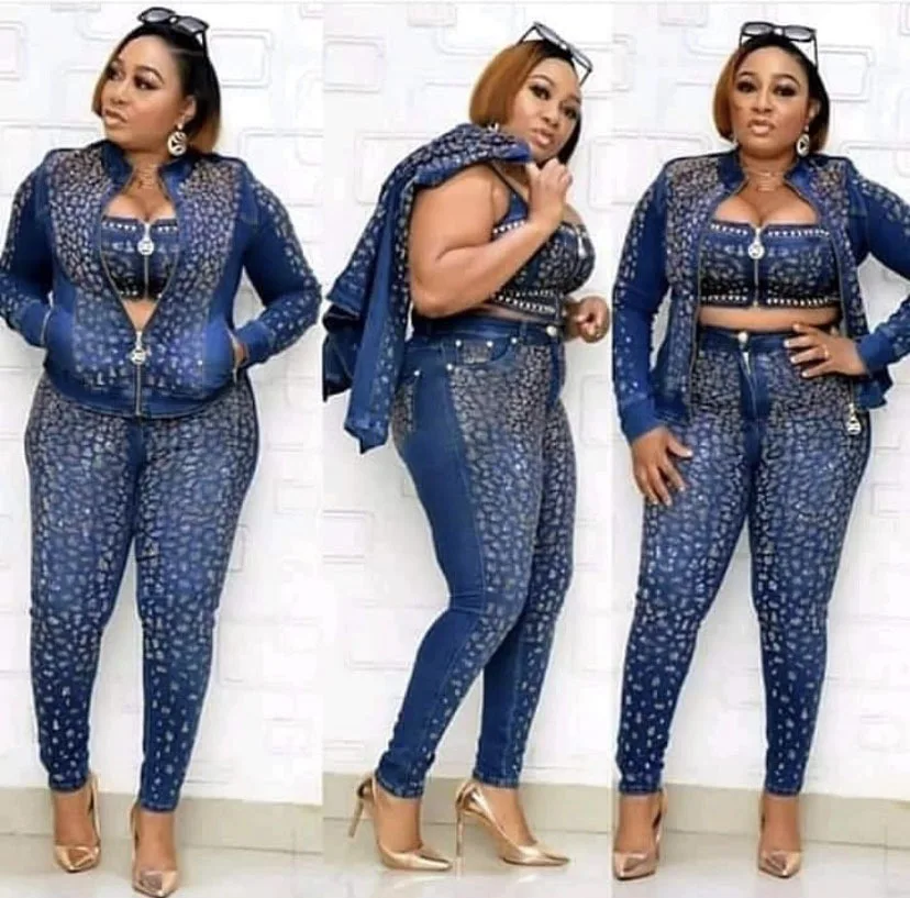 Crystal Leopard Long-sleeve Denim 3 pieces Suit Women Casual Wash Denim Jean Blue Jeans Bra Denum Jacket Cowboy Set For Women