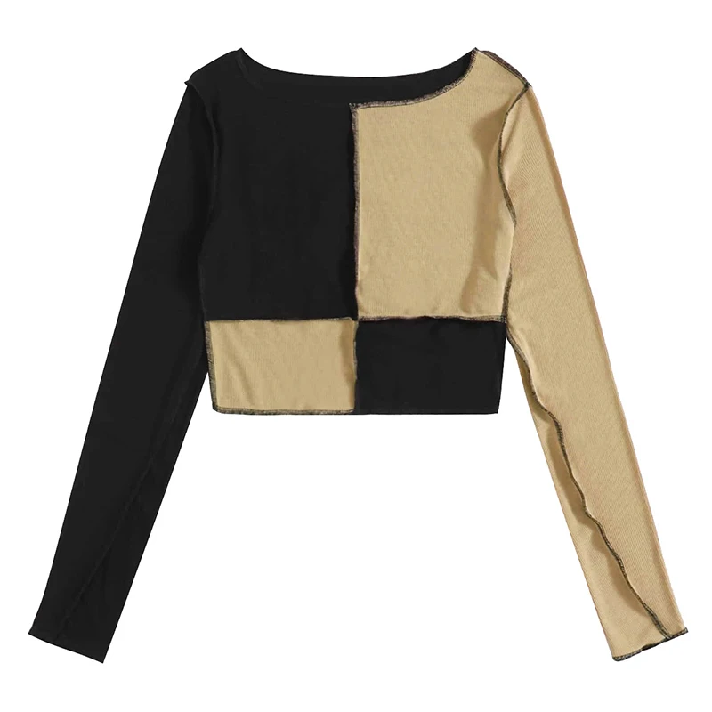 Wholesale Custom Ribbed Knit Crop Top Stitching Color Patchwork Women Blouses Round Neck Long Sleeve Top