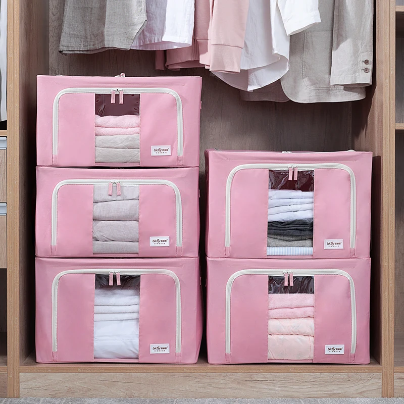 Hot Sale Foldable Clothing Fabric Storage Box Three Sided Visibility Household Clothing Sundries Storage Box with Steel Frame