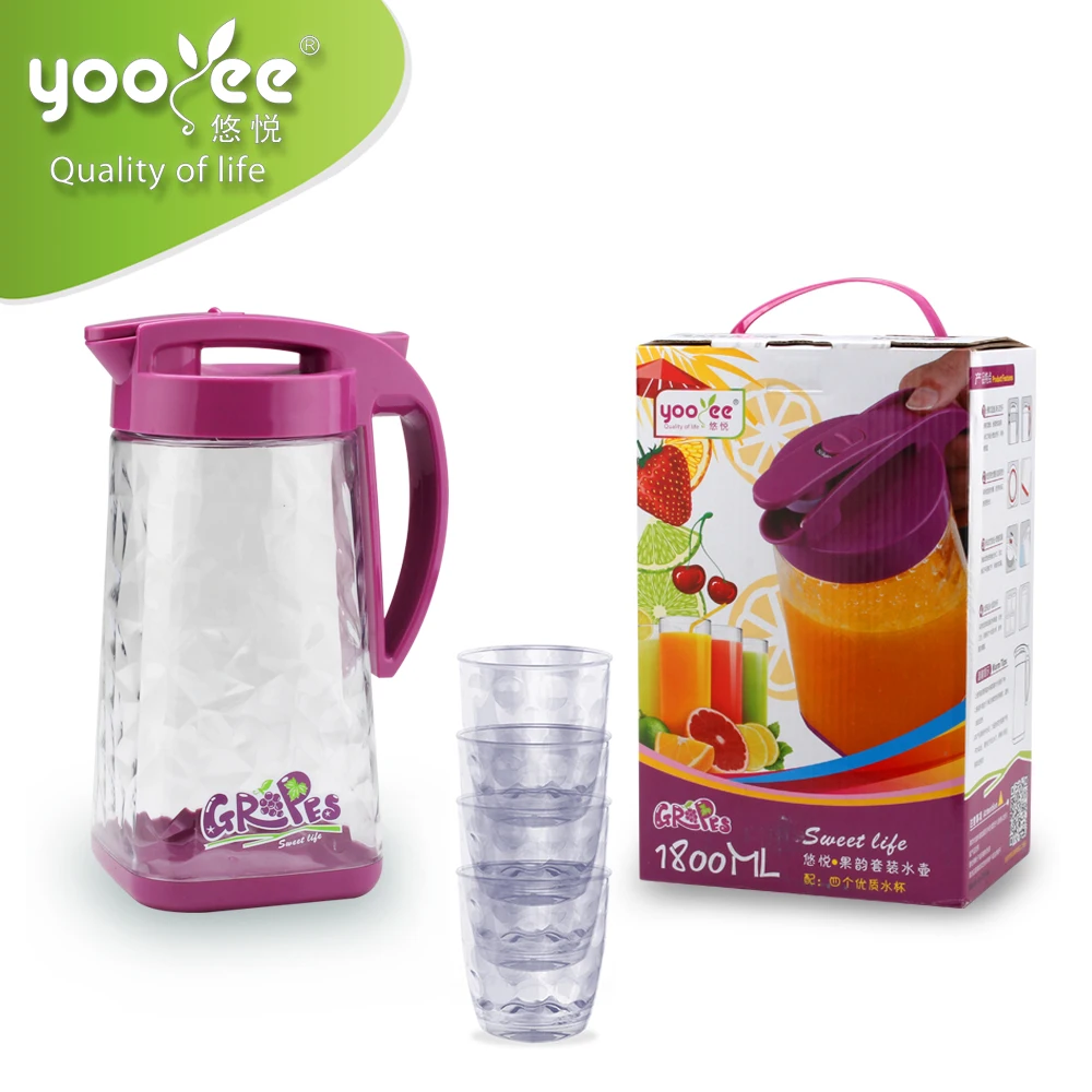 Water Pitcher Jug with Cups Set Design High Quality Plastic New Water Pots & Kettles with Plastic Lock Lid, 4 Cups 300ml Promise