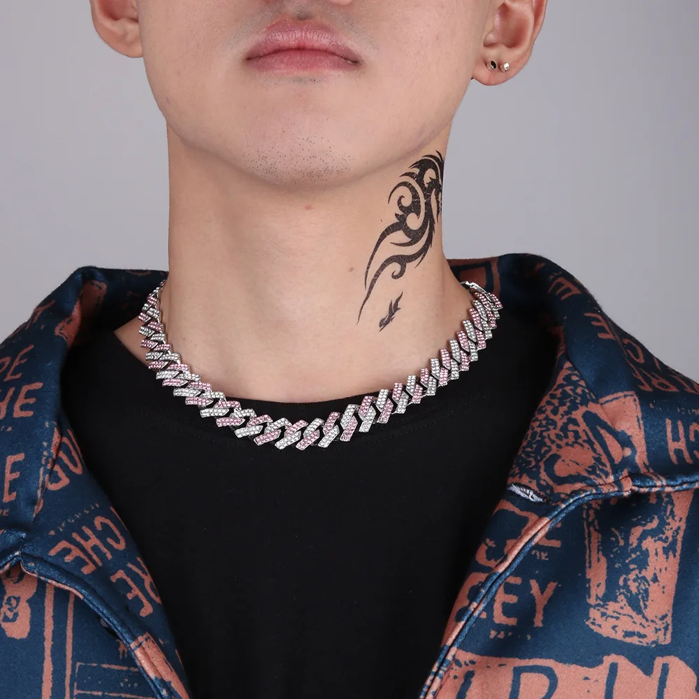 2021 Winter New15mm Hip Hop Color Necklace heavy link chain hiphop full diamond pink white Cuban chain