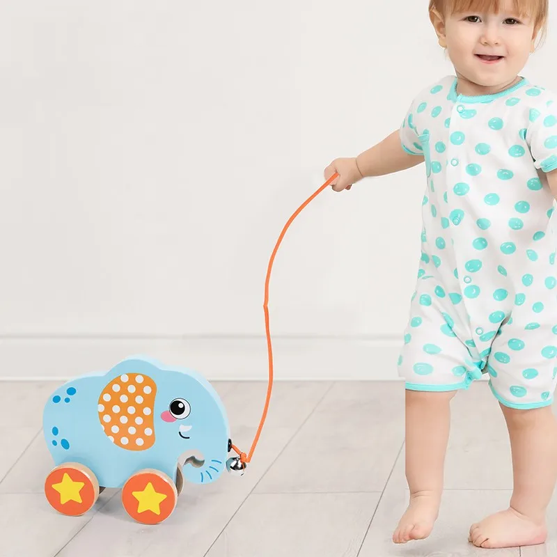 Montessori Wooden Cartoon Animal Trailer Children Early Education Hand Pull Rope Push Walker Drag Car Toy For Baby Gift