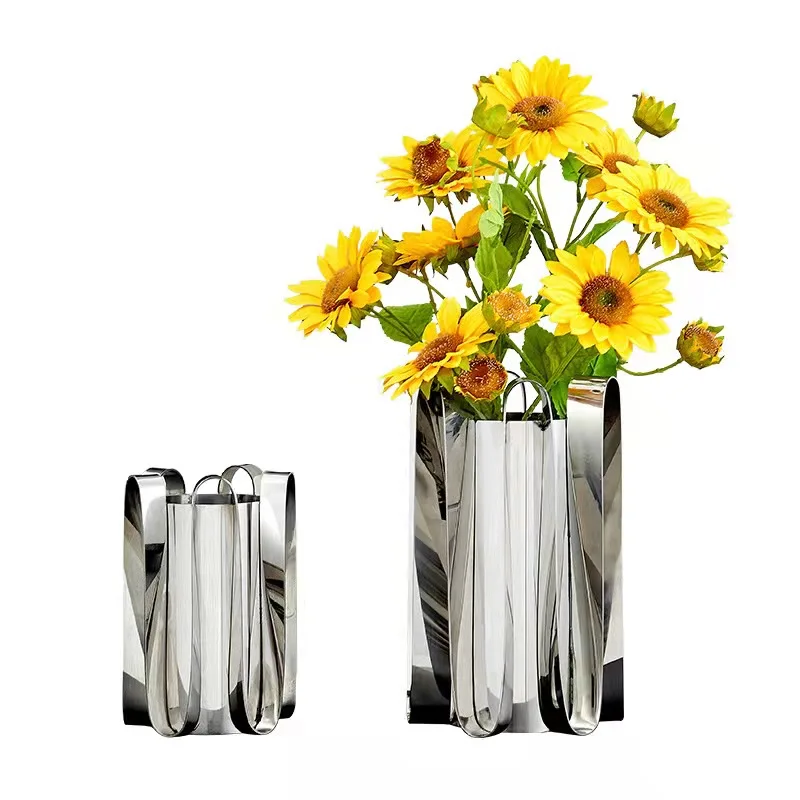 Luxury home decor gold silver stainless steel wavy curve metal vase home accessories