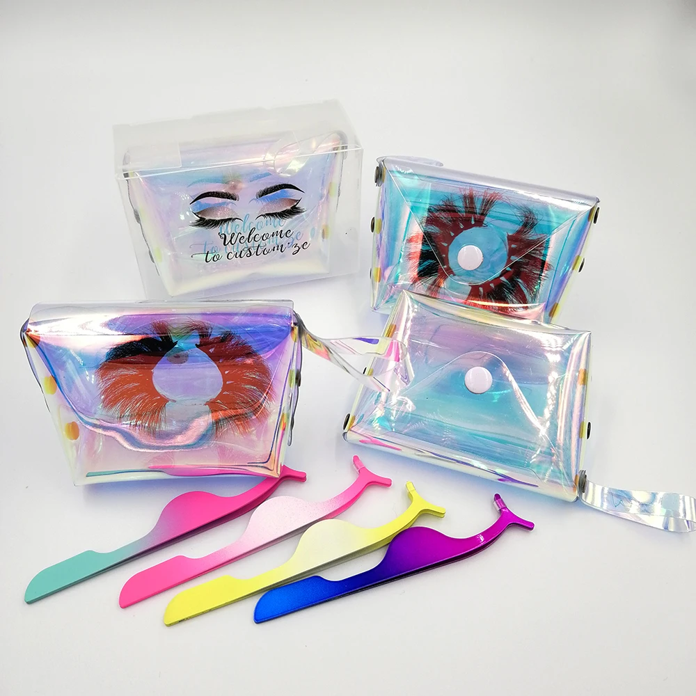high quality luxury custom logo lash box holographic transparent jelly bag laser eyelash bag eyelash package box for makeup tool