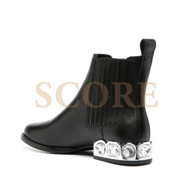 
Manchester 2021 Spring Chelsea Ankle Boots Chunky Heel Elastic side panels Metallic heel Rhinestones heel Hot sales OEM booties 