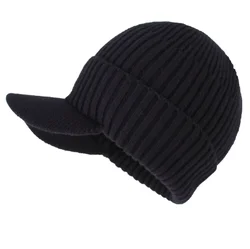 Mens Outdoor Hat Winter Warm Thick Knit Beanie Hat with Visor Beanie with Brim