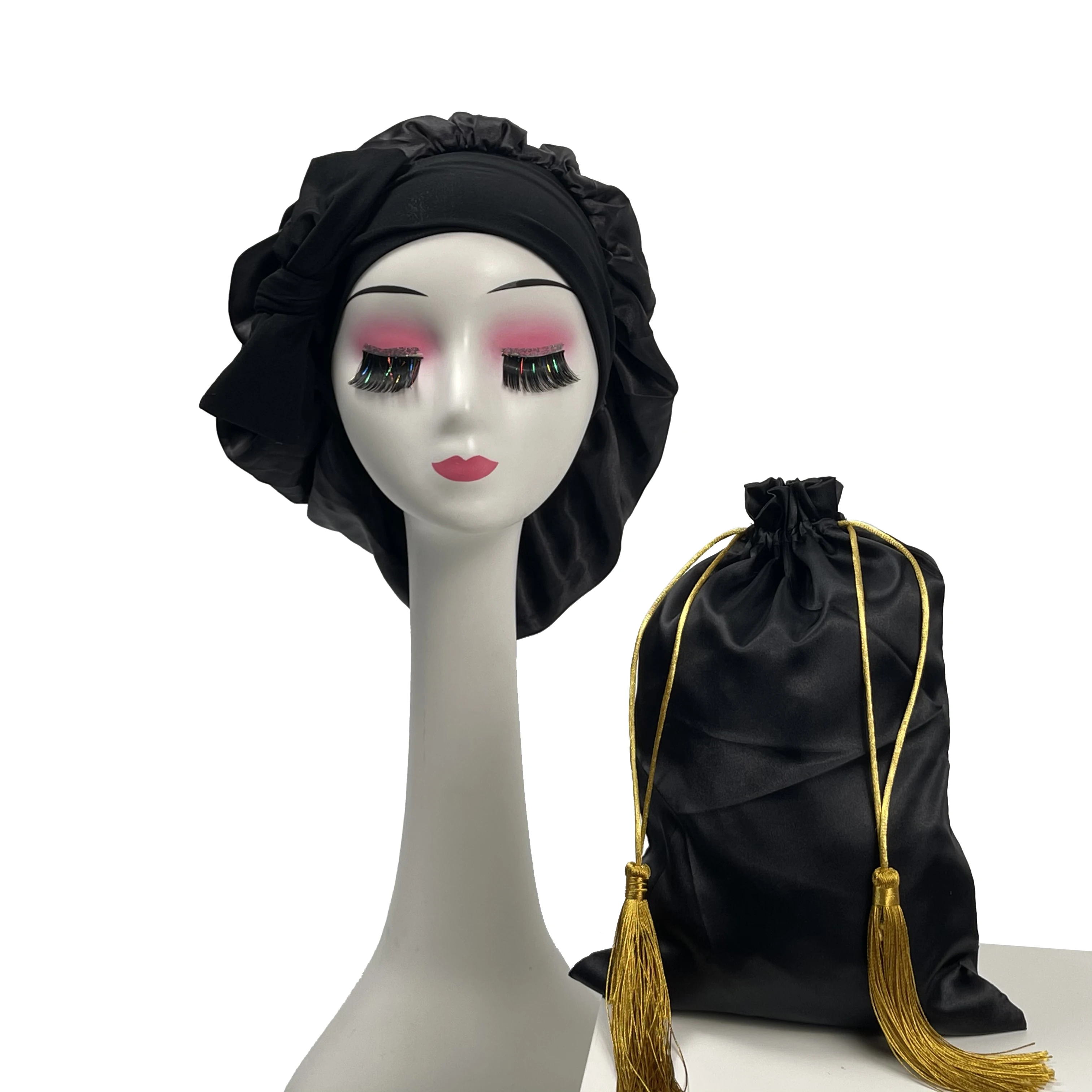 Custom logo satin silk wig hair extension packaging  tassel bags hair bundles silk bag