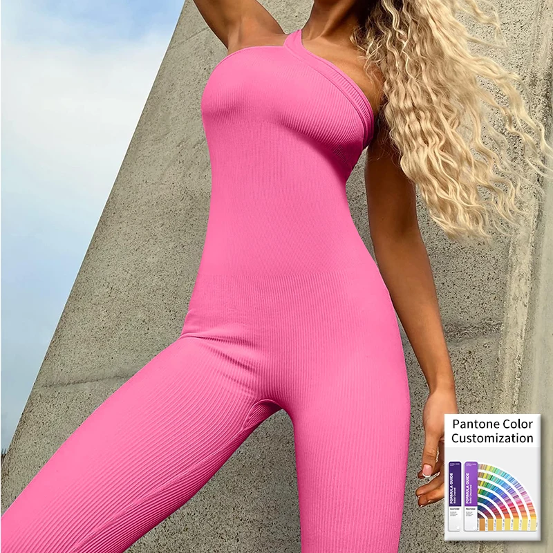 Customized Women Yoga Jumpsuits Workout Ribbed One Shoulder One Piece Sport Jumpsuits Activewear Bodysuit