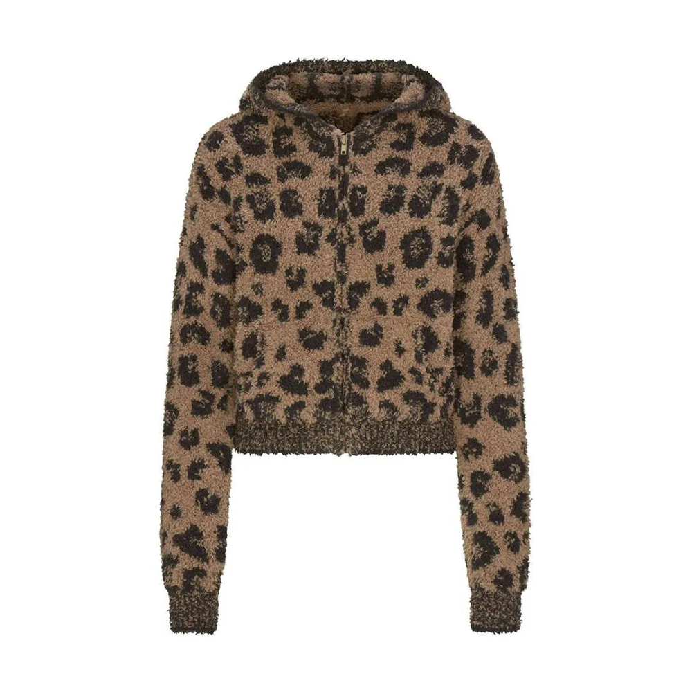 Christmas Leopard Print Home Wear for Women With Cat Ears, Sexy Furry Short Coat, Versatile Casual Long-sleeved Coat