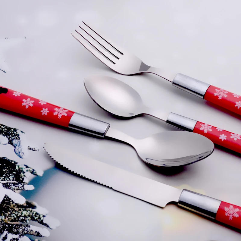 Creative new design flatware set red plastic handle fork spoon tableware set Christmas silverware gift cutlery
