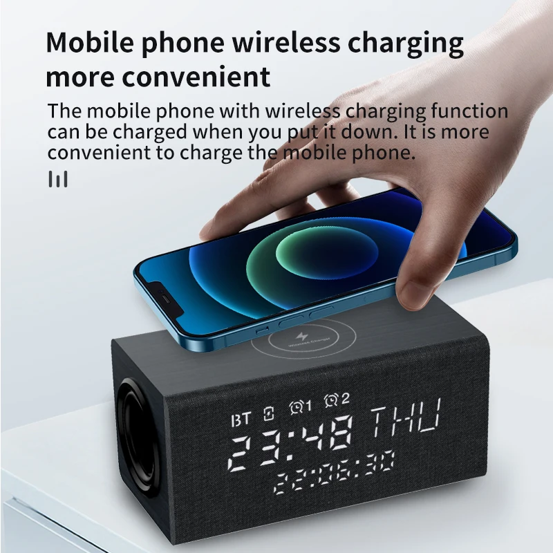 Custom Wooden 5.1 bt wireless charging charger lamp speaker Super bass Mini Portable Wireless Speaker with alarm clock