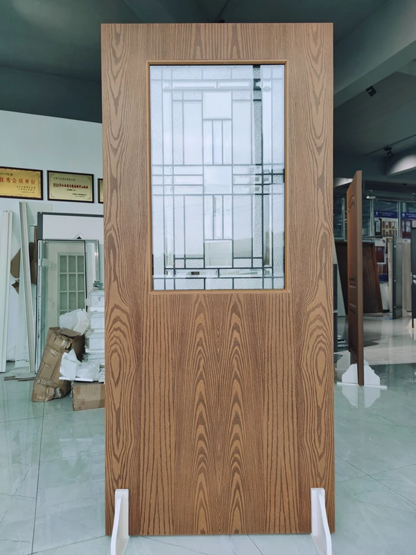 Hot sale modern design yellow walnut fiberglass skin wrought Iron glass exterior doors for houses