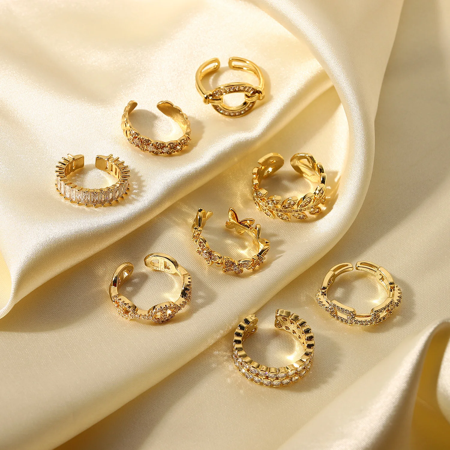 Ins Hot 18K Gold Plate Copper Zirconium Inlaid Open Rings Jewelry Fashion Retro Style Pair Geometric Ring For Women