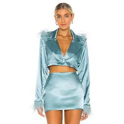 2022 High Quality Mini Skirt Suit Satin Feather Long Sleeve Lapel Two Piece Set Women Blazer Set