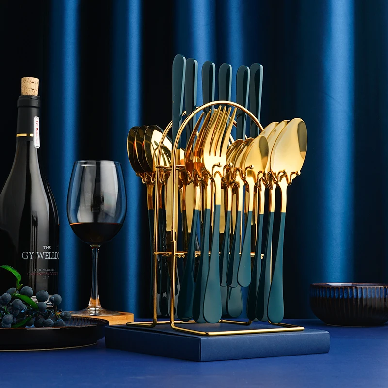 Gold Stainless Steel 24 Pieces Cutlery Sets With Stand knife fork spoon tableware