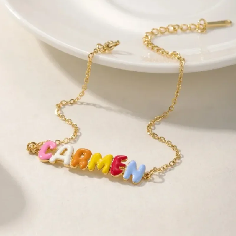 Customized Cute Trendy Handmade 18k Gold Plated Initial Jewelry Waterproof Stainless Steel Enamel Bubble Letter Name Bracelet