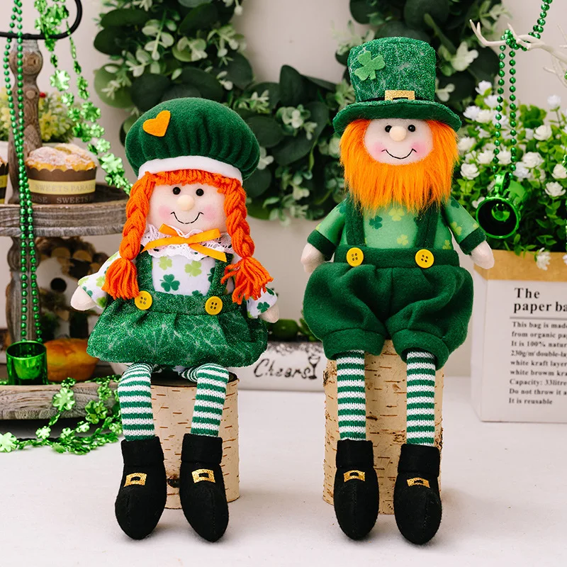 St.Patricks Day Decoration Retractable Standing Festival Lucky Clover Doll Tomte Gnome Plush Toy Ireland Lucky Elf Plush Toys