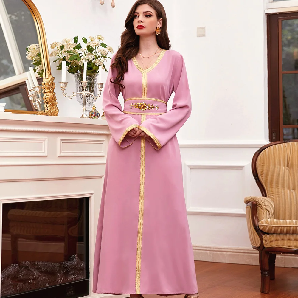 Abaya Women Muslim Dress Arab Pink V-neck Diamond With Belt Elegant Morocco Muslim Fashion Abaya Dubai Kaftan Dress Designs