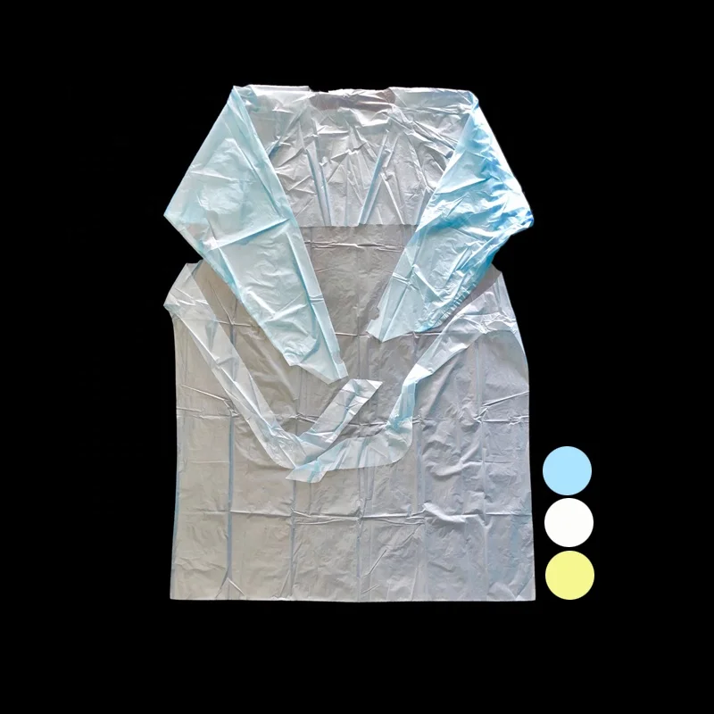 China Manufacturer Blue color use CPE material Long Sleeve Disposable CPE Isolation Gown 50 gsm