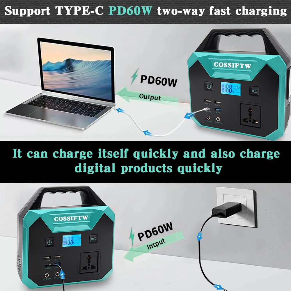 Portable Power Station Home Backup Emergency Power Supply 200W Solar Generator Fast Charge External Battery Power Bank