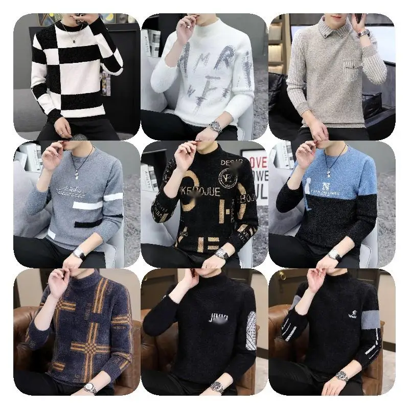 Round Neck Knitted Pullover Factory Direct Sales of Men's Knitted Sweaters, Mohair Furry Striped Standard Winter Turtleneck