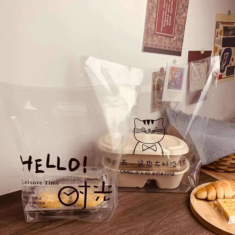 Customized Wholesale New Styles Bakery Dessert Cookies Cake Bread Candy Transparent Waterproof Handle Plastic Bags