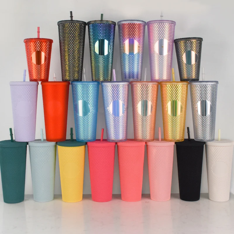 Factory 24oz/16oz reusable stud tumbler double summler wall plastic cup with lid and sraw