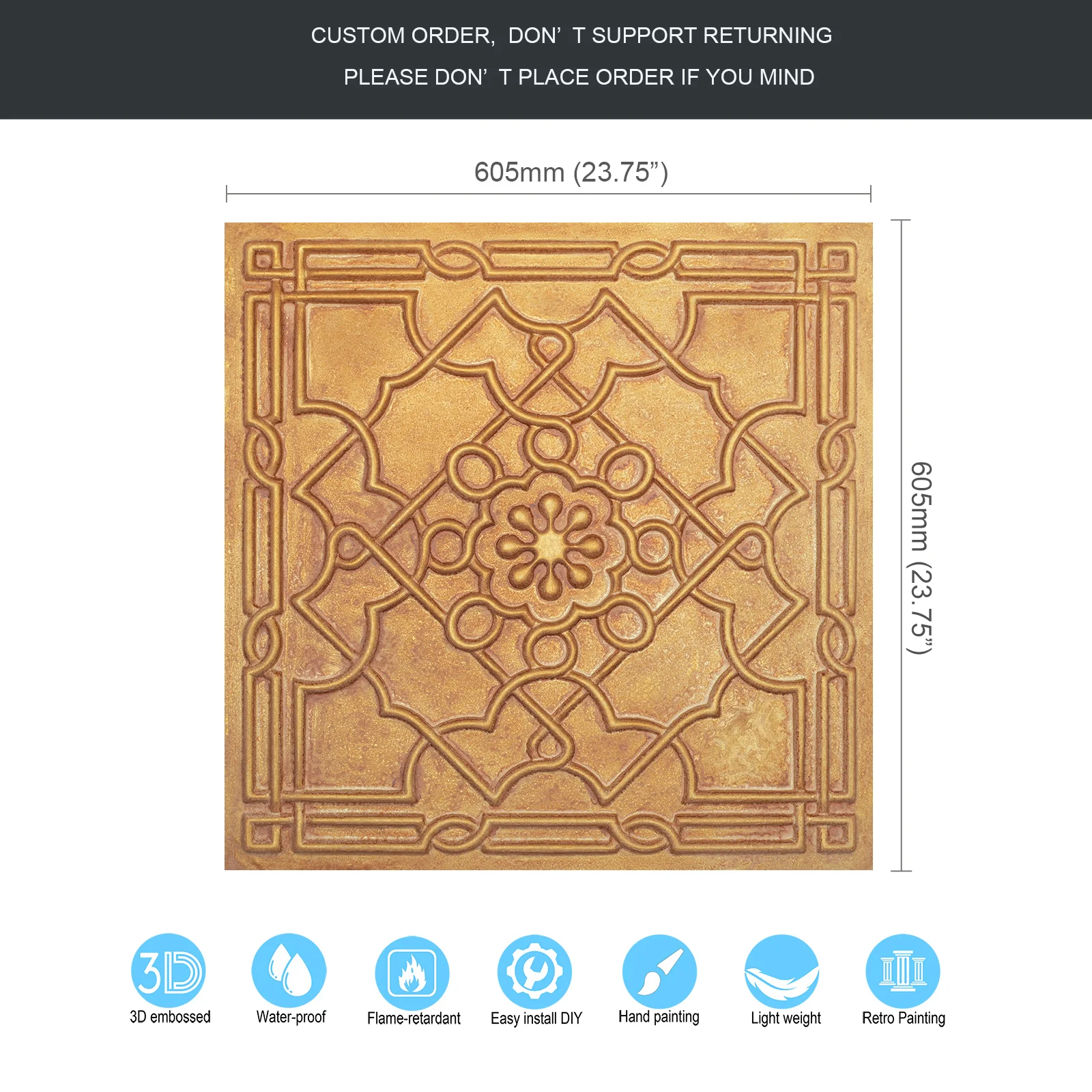 Artistic 3D Ceiling Tile Faux Tin Glue up/Drop in Easy to Install PVC Panels PL09 Vintage brown gold