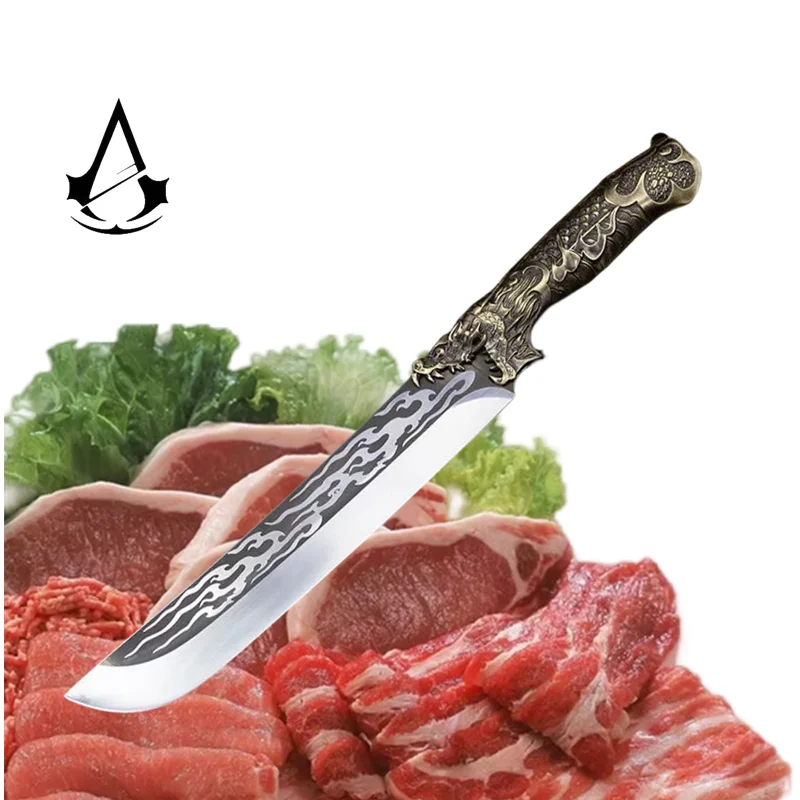 Chinese Longquan Forged Kitchen Knife Flame Pattern Bone Cutting Knife Metal Handle Kitchen Cooking Splitter