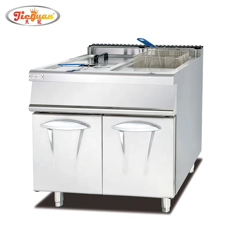 Commercial stainless steel kitchen equipment Gas deep Fryer with 2-tanks & 2-basket with cabinet  28L