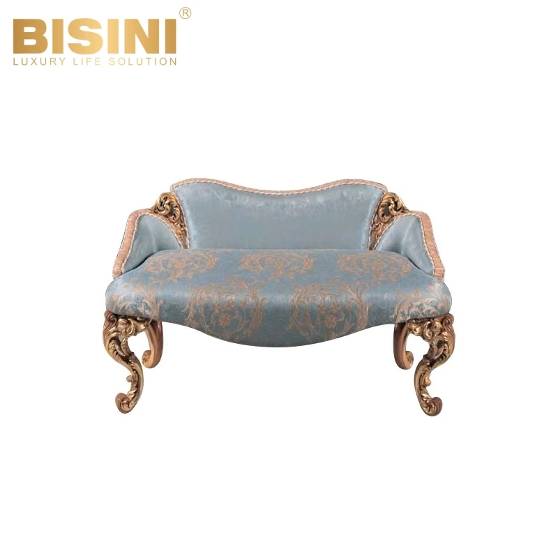 Traditional French Baroque Style Royal Villa Home Handcrafted Wood Carved Fabric Bed Foot Stool Bedroom Bed Set Beige Bench