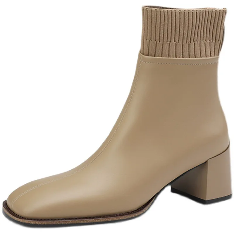 Soft leather boots, thick heels, retro English style square head high heels Martin boots