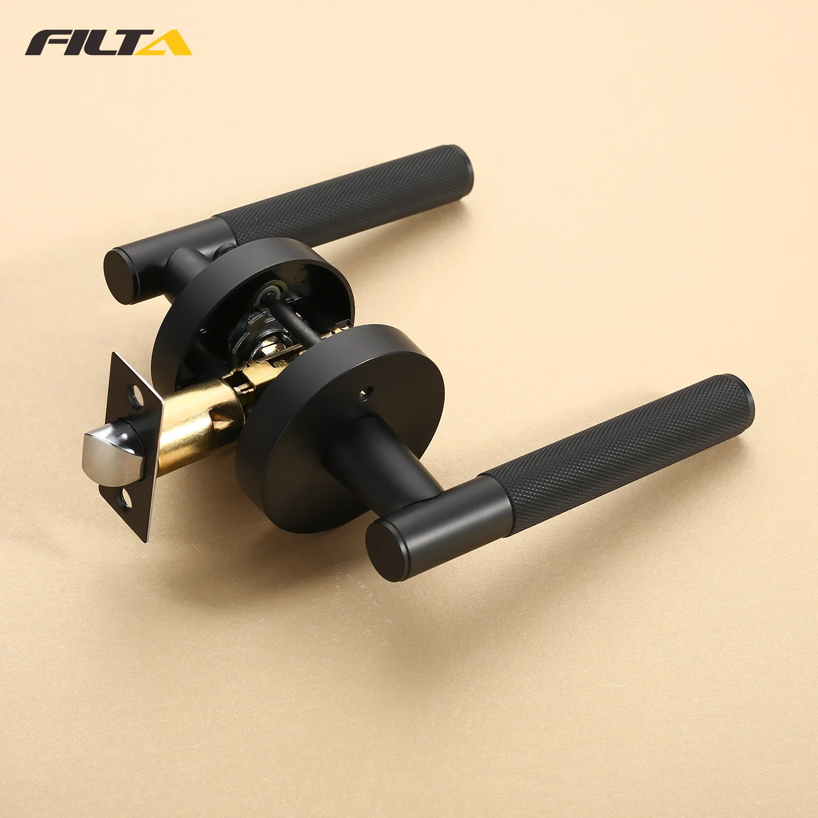 Filta Hot Selling Knurled Black Door Handle With Privacy Lock Bedroom Door Handles Lock Room