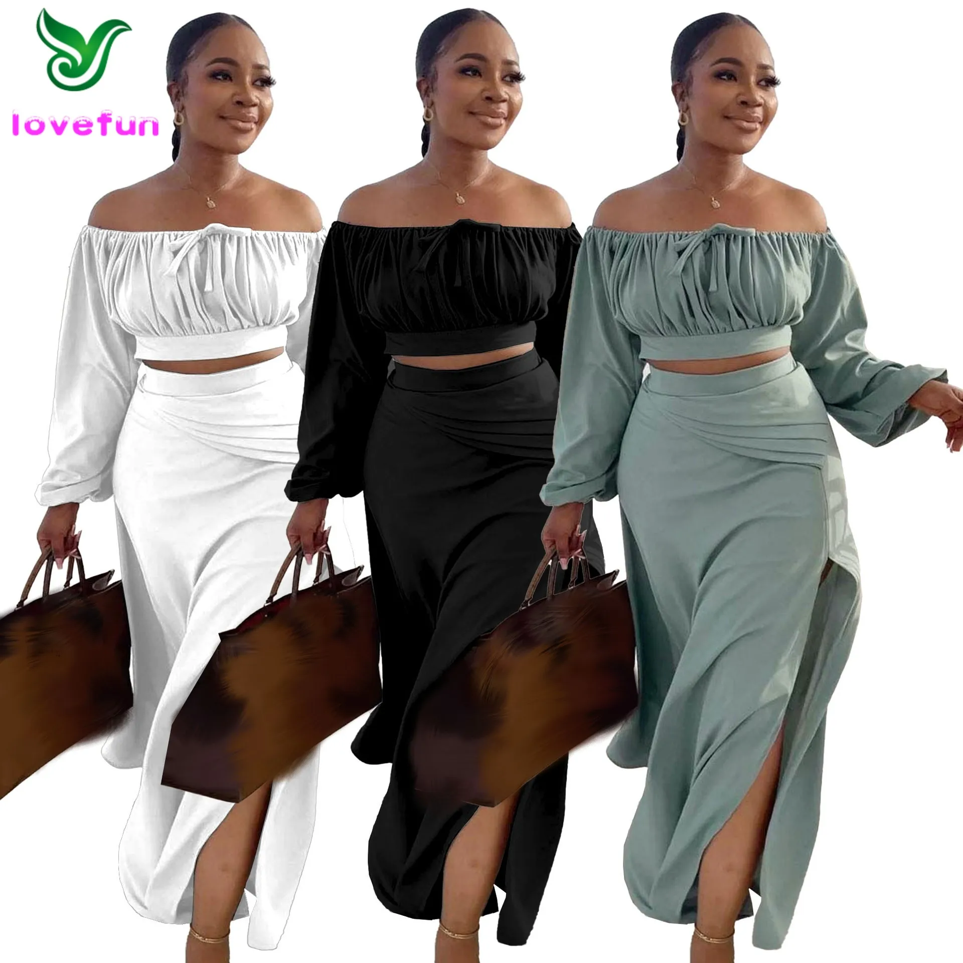 Autumn 2023 women clothes Fashion Two Piece Skirt Set Sexy Strapless Long Sleeve Dress Tops Pencil Maxi Skirt 2 piece set