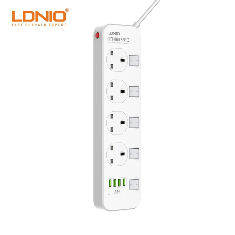 New Trend LDNIO SK4466 UK Plug and Sockets Custom Surge Protector Charger Extension Power Socket 4 Way Outlet 4 USB Power Strip