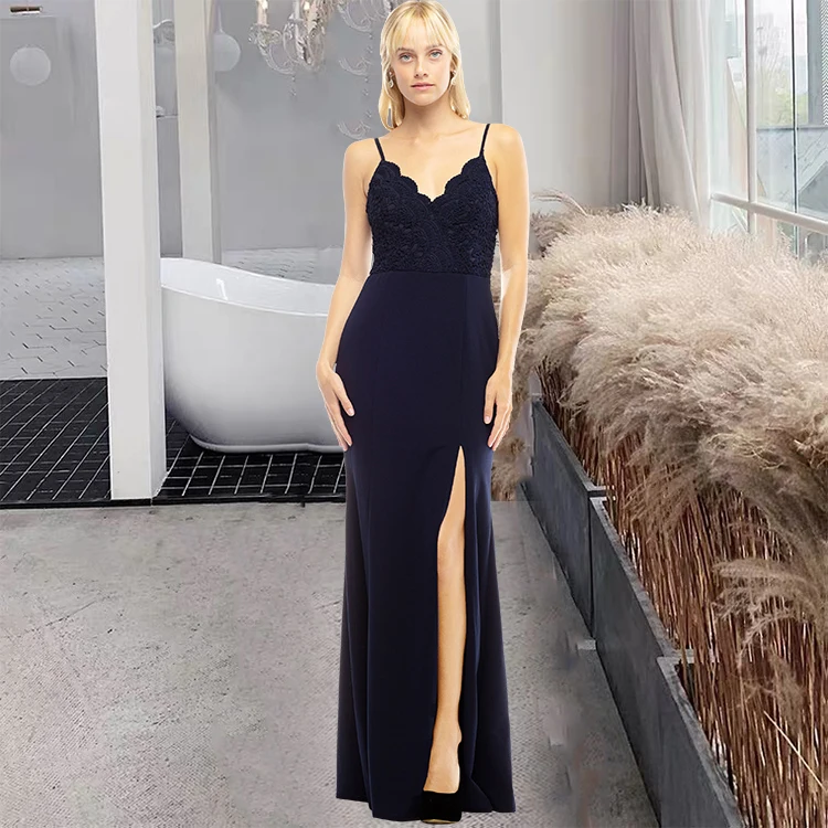 Manufacturer v-neck embroidered simple navy blue gown spaghetti strap dress high slits