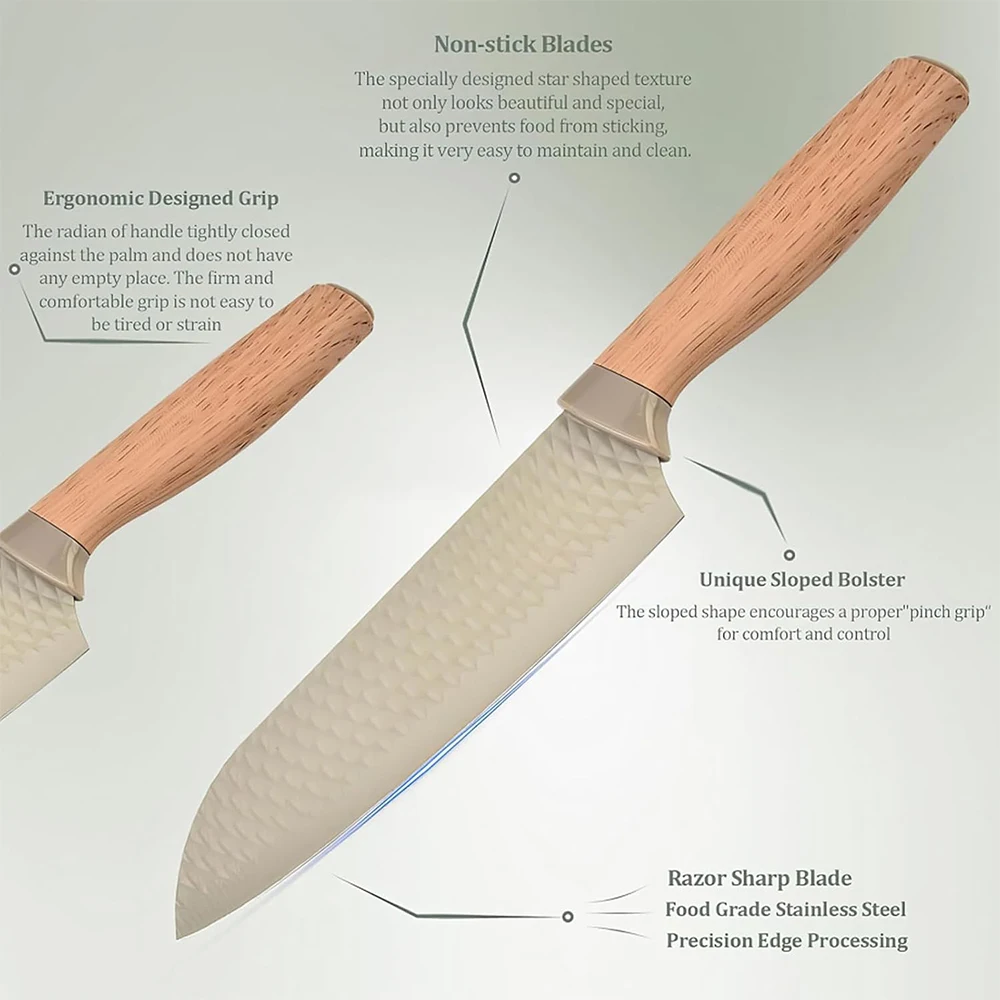 TOALLWIN chef kitchen knives set wooden handle kitchen utensils and kitchen knife set with holder