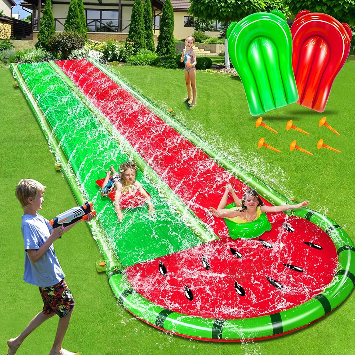 Slip n Slides Lawn Water Slides with 2 Bodyboards for Kids Adults Outdoor Summer Beach Swimming Pool Water Game Party Toys