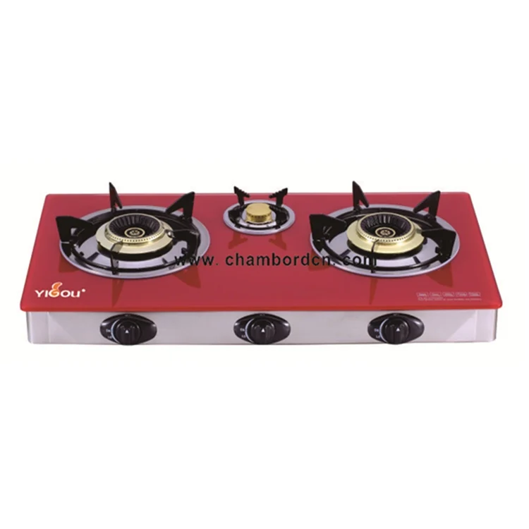 
YG-B9004 Table Cast Iron 3 Burner Gas Stove With Brass Cap Tempered Glass & Stainless Steel gas cooktop 