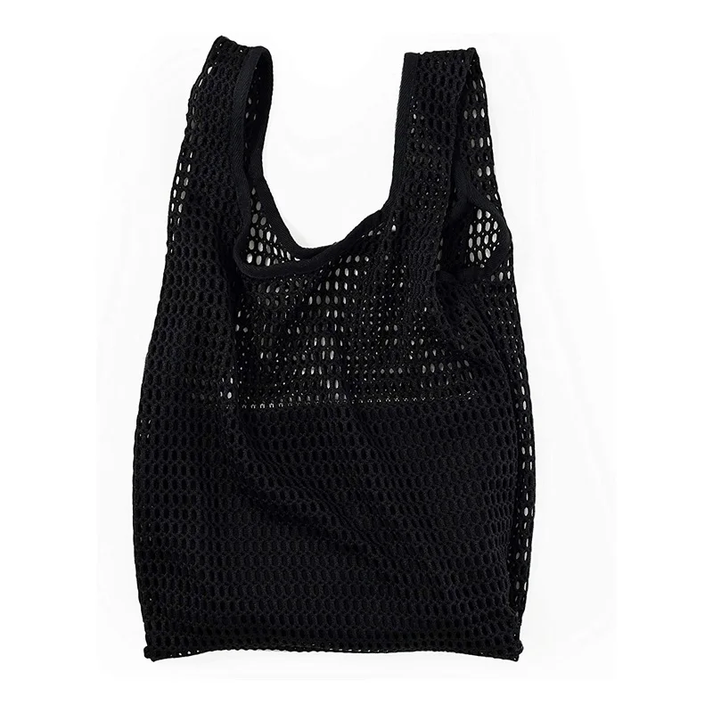 Fashion Simple Women Black Custom Polyester Tote Foldable Eco Friendly Mesh Net Bag With Logo